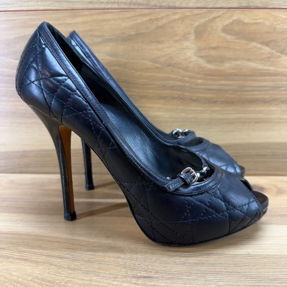CHRISTIAN DIOR Miss Dior Black Quilted Pumps 7.5 EU 37.5 Peep Toe Platform Y2K